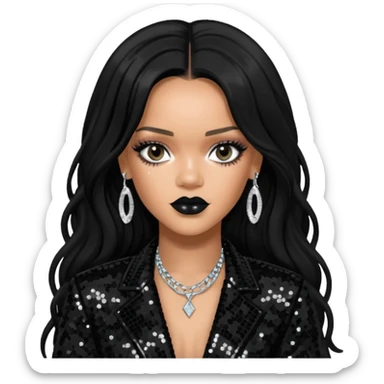 Rihanna with long jet black hair, black sequin outfit sticker