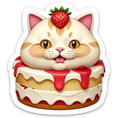A chubby cat aggressively eating a giant strawberry cake, cream all over its face, exaggerated expression, vibrant colors, cartoon style, playful and humorous mood
, sticker