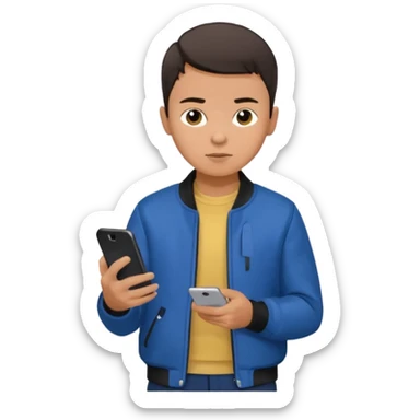 a boy looking at his phone brunnet short buzzcut green make his  jacket blue bag black pants brunnet boy tan skin and rreally dark hair sticker