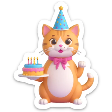 cute cat with a birthday hat on its head and a birthday cake in its paws, cute and festive sticker