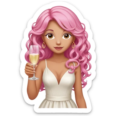 One lady with long pink curled hair and tan skin holding a glass of  pink champagne in each hand sticker
