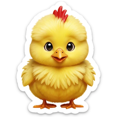 Cinematic Cute Yellow Baby Chicken Portrait Emoji, Head tilted playfully and inquisitively, featuring a fluffy, vibrant yellow downy coat with a tiny red comb, round, sparkling beady eyes filled with curiosity, Simplified yet irresistibly adorable features, highly detailed, glowing with a warm, friendly glow, high shine, affectionate and lively, stylized with a touch of playful whimsy, bright and endearing, soft glowing outline, capturing the essence of a mischievous yet loving chick, so playful it feels like it could peep out of the screen and into your arms! sticker