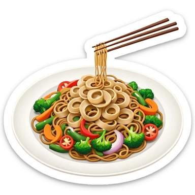 Illustrate stir-fried noodles with vegetables & soy sauce on a plate sticker