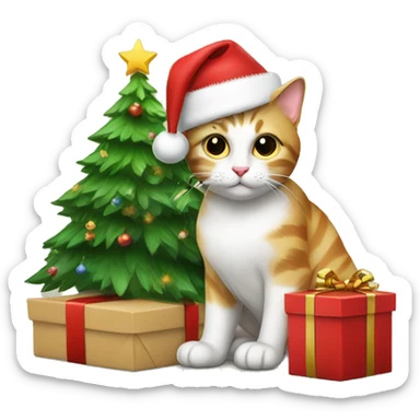 Cat sat under a Christmas tree next to a present sticker