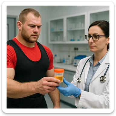 European powerlifter in competition clothing handing over a sample for anti-doping test to a doctor, control atmosphere, realistic details, laboratory background. sticker