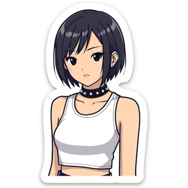A asian girl with Black eyes and black straight hair with a bob with a black spiked chocker with white tank top with a black leather jacket on in anime style sticker