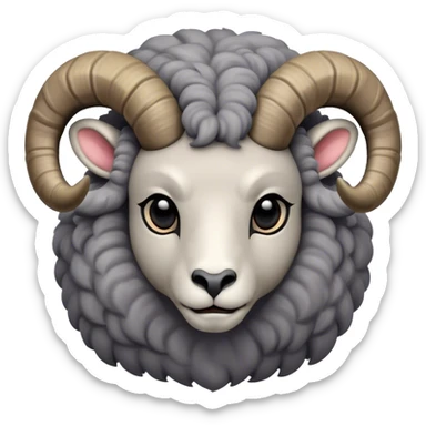 Cinematic Noble Ram Portrait Emoji, Poised and regal, with a sturdy, powerful build and a thick, woolly grey fur adorned with impressively curled horns, deep-set soulful dark eyes, Simplified yet sharp and sophisticated features, highly detailed, glowing with a soft, dignified glow, high shine, intelligent and commanding, stylized with an air of rugged majesty, focused and attentive, soft glowing outline, capturing the essence of a watchful and confident ram, so majestic it feels as though it could charge out of the screen with effortless authority! sticker
