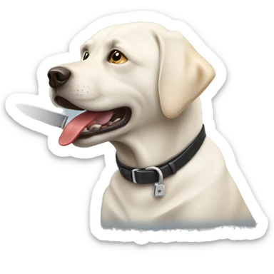 white lab holding a knife in his mouth sticker