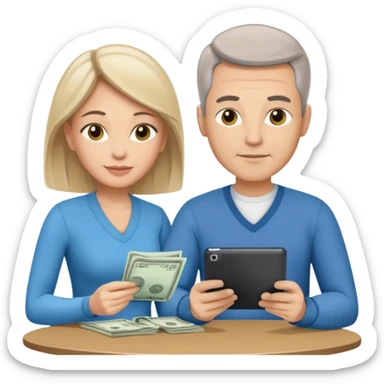 casually dressed stylish  looking husband and wife in their 40s avatars reviewing their finances together  sticker