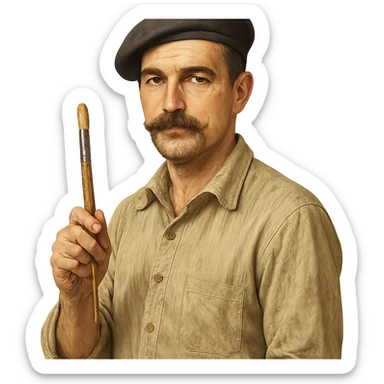 man with a moustache and short hair, painter, holding a paintbrush, wearing a beret sticker