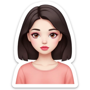 1 girl with pale light skin, dark brown hair, cute makeup coral pink blush coral pink lipstick, cute outfit sticker