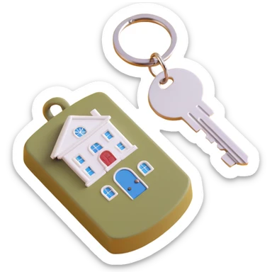 keychain with a khaki key and a white house-shaped key fob, 3D Emoji style, soft shadows and highlights, transparent background, no decoration, close-up view sticker