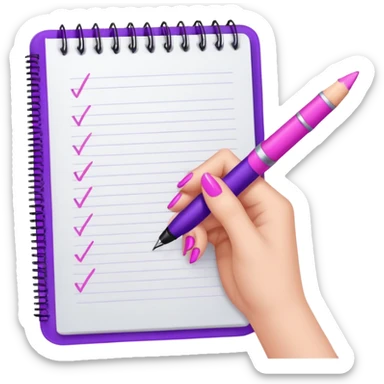 female hand with purple nails holding a pink pen over a notebook sticker