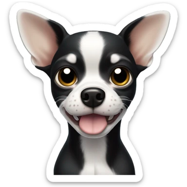 a black Chihuahua dog with a white lightning-shaped spot on its forehead. It has larger ears and a white and black muzzle sticker