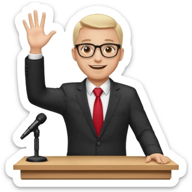 A professional clean-shaven man in a dark business suit and red tie standing behind a wooden podium, speaking confidently. A small microphone is placed on the podium. The man has glasses, a friendly smile, and open hand gestures. Soft studio lighting, neutral dark background, realistic emoji style. sticker