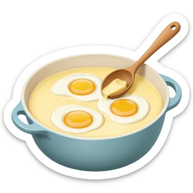 A carton of eggs, butter and a cream ceramic baking bowl with a wooden spoon in it sticker