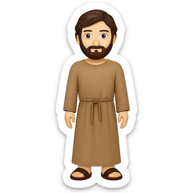 Create a full body, standing front view emoji style illustration of Saint Joseph wearing a long tan robe similar to the reference. He has dark brown hair and a beard. The style should be consistent with emoji style and the background should be removed. Produce new variations similar to previous results. sticker