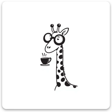 Giraffe with silly glasses trying to drink from a tiny tea cup sticker