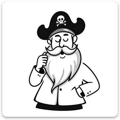 A pirate with a long beard, black and white, hand-drawn sticker