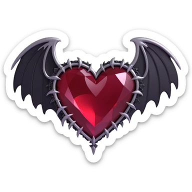3D emoji gothic heart, deep crimson crystal, silver bat wings, and black feather details sticker