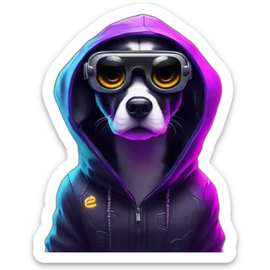 funny dog wearing a black hoodie with "OMG" letters on it and VR headset in a cyberpunk VR environment with violet neon lighting. sticker