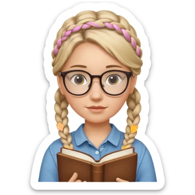 A student, girl, braid hair, wearing glasses, hold book in front of their chest sticker
