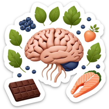 brain surrounded by healthy lifestyle choices, exercising, salmon, dark chocolate, blueberries, seeds, leafy greens . brain booster sticker