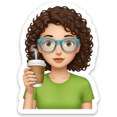 White girl with dark brown curly hair, brown eyes, sky blue glasses, apple green t shirt, drinking coffee sticker