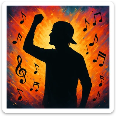 Avicii, silhouette with musical notes, uplifting and inspirational mood sticker