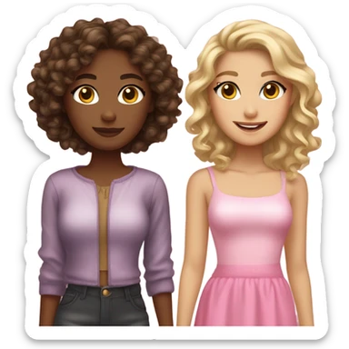 Two pretty best friends , one with tan skin and brown hair with blonde highlights, and another with curly dark brown hair and tan skin too. Also give them pink Christmas outfits  sticker