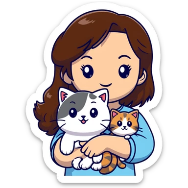 brown-haired girl holding a fluffy ragdoll cat sticker