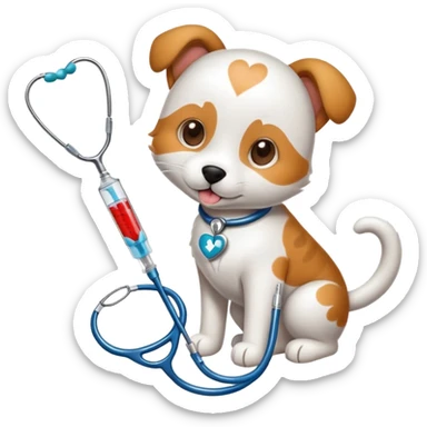 An icon featuring a stethoscope, a paw print, and a veterinary syringe, symbolizing veterinary medicine. The design includes a dog, a cat, and a heart, representing animal care, treatment, and health. Transparent background highlights the science of veterinary practice and animal welfare. sticker