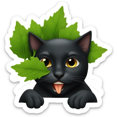 Black cat sucking leaves in its mouth sticker