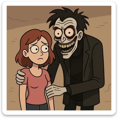 cartoon style girl with boyfriend, creepy and exaggerated, dark tones sticker