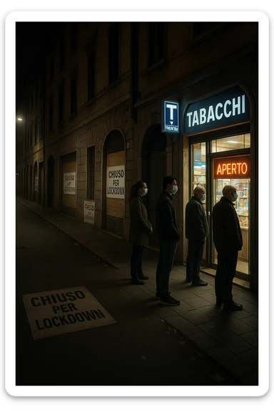 a deserted city street with all shops and businesses shuttered, their windows covered with “Chiuso per Lockdown” signs. In contrast, a brightly lit tobacco shop stands open, with a glowing “Aperto” sign and people lined up outside, all wearing masks. The mood is somber and critical, highlighting the paradox. sticker