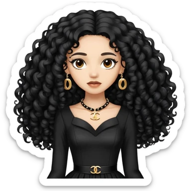 light skin girl with very long black curly hair, brown eyes, wearing a black Chanel dress sticker