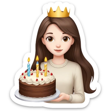  beautiful pale brunette girl with long hair with birthday cake sticker