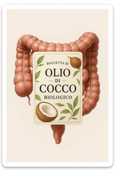 BOCCETTA DI OLIO DI COCCO BIOLOGICO (FAI UN ETICHETTA SUL PRODOTTO IN ITALIANO) CHE FLUTTUA IN ARIA DAVANTI A UN INTESTINO UMANO ANATOMICO IN PERFETTA SALUTE, SFONDO CHIARO, iperrealistico 4k sticker