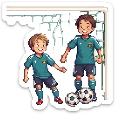 cute 6-year-old boy and 9-year-old boy playing fun soccer together, laughing and enjoying the game, pixel art style sticker