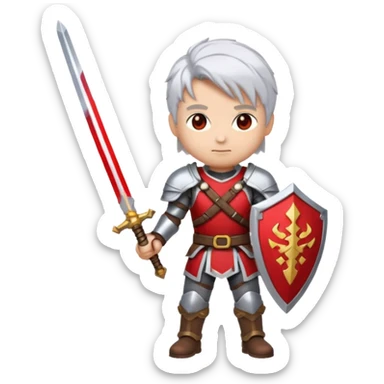 32x32 pixel art emoji, a white-haired boy holding dual swords, inspired by, heroic pose, silver-white hair, glowing red and silver swords, metallic armor details, vibrant colors, transparent background, high contrast, video game icon style. sticker
