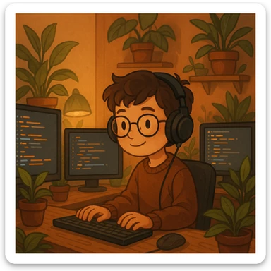 a young coder boy with headset, surrounded by monitors and plants, cozy workspace, warm and inviting environment sticker