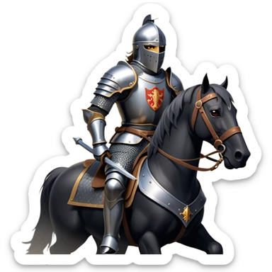 clash-of-clans-aesthetic_-cinematic-fearsome-and-majestic-knight-bust-portrait-emoji, rendered in a flat, vector-style with minimal shading and bold, simplified shapes, depicting a battle-ready medieval knight with steely eyes and intricate armor, riding on a black warhorse looking regal reflecting sunlight over a misty battlefield. sticker