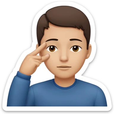 Una persona tocándose la cabeza por la 100 con un dedo índice y los ojos serrados  por arriba de la oreja con una sola mano sticker