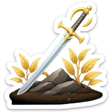 Minimalist emoji of a single upright sword planted into the ground with a glowing crescent rising behind it, representing inner discipline, Islamic strength, and the start of a new chapter. Flat icon style, transparent background sticker