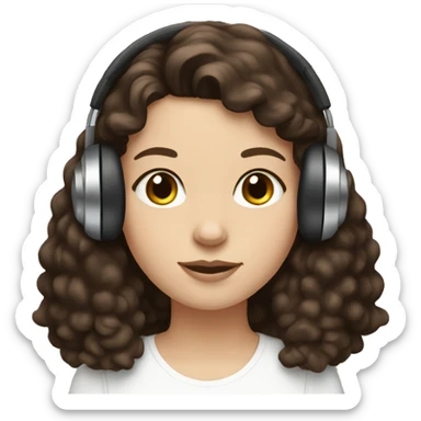 White girl, dark straight hair in headphones with brown poodle sticker