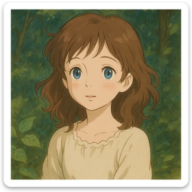 cute white girl with brown hair and blue eyes, ghibli-inspired style, delicate and whimsical expression sticker