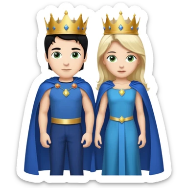Prince with crown, blue cape and trousers, body and legs, black hair, blue eyes, woman blonde hair, green eyes, sexy white short sleveless dress,  sticker