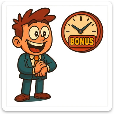 Make the cartoon character look very excited and thrilled while looking at the clock, with wide eyes and a huge grin. Keep the style consistent with the original and maintain a transparent background. sticker