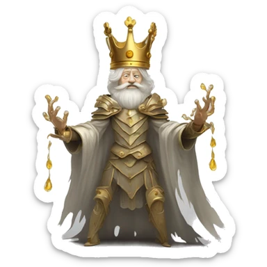 Vintage King hamlet old man big beard gold crown wearing armour fading ghost hands out trapped melting into wisps sticker