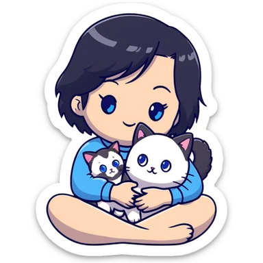 Cute Asian girl with black hair cradling a fluffy ragdoll cat with blue eyes sticker
